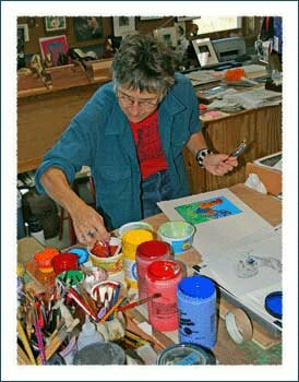 Joan Mexiell working in her Printmaking Studio near Boone North Carolina in the North Carolina Mountains